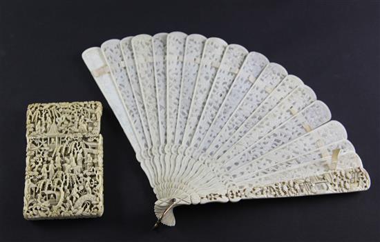 A Chinese export ivory card case and a similar brise fan, 19th century, 11.5cm & 20cm, losses